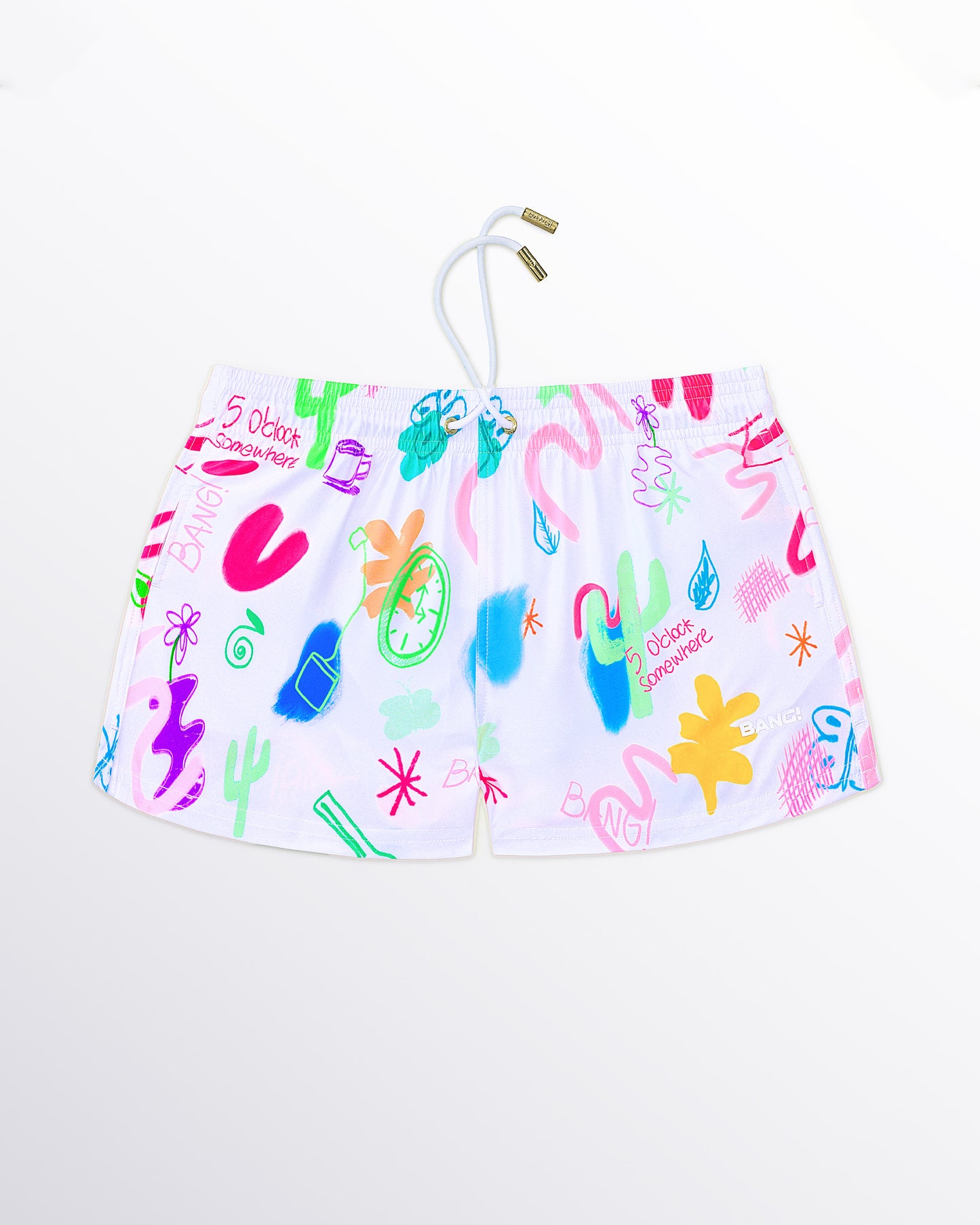 BANG! Miami I Saw The Sign Show Shorts — flat lay of white show shorts with colorful doodle-inspired graphics, abstract shapes, and playful handwritten artwork.