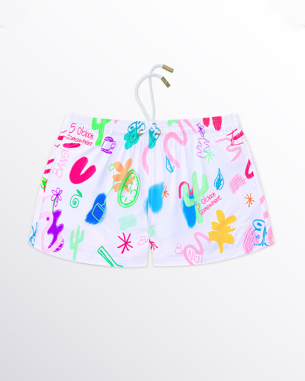 BANG! Miami I Saw The Sign Show Shorts — flat lay of white show shorts with colorful doodle-inspired graphics, abstract shapes, and playful handwritten artwork.