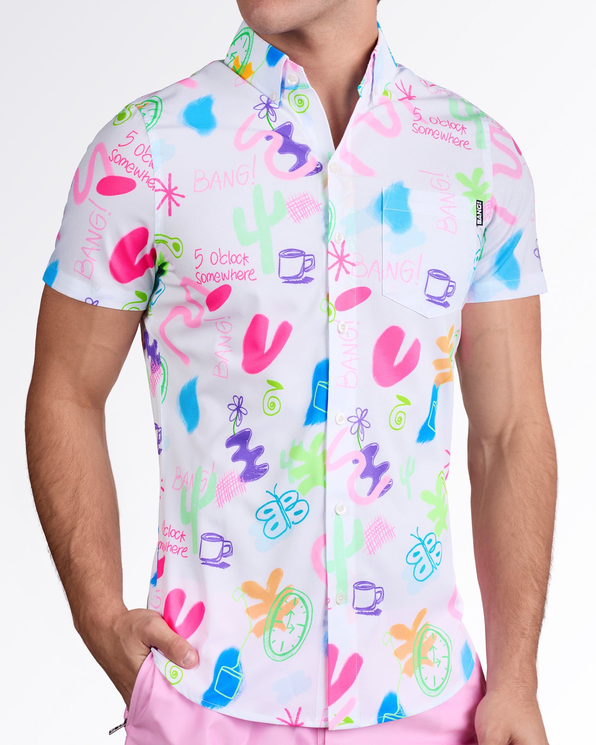 BANG! I Saw The Sign — model wearing white Stretch Shirt with multicolor graphic print, angled view highlighting button-down design and tailored fit.