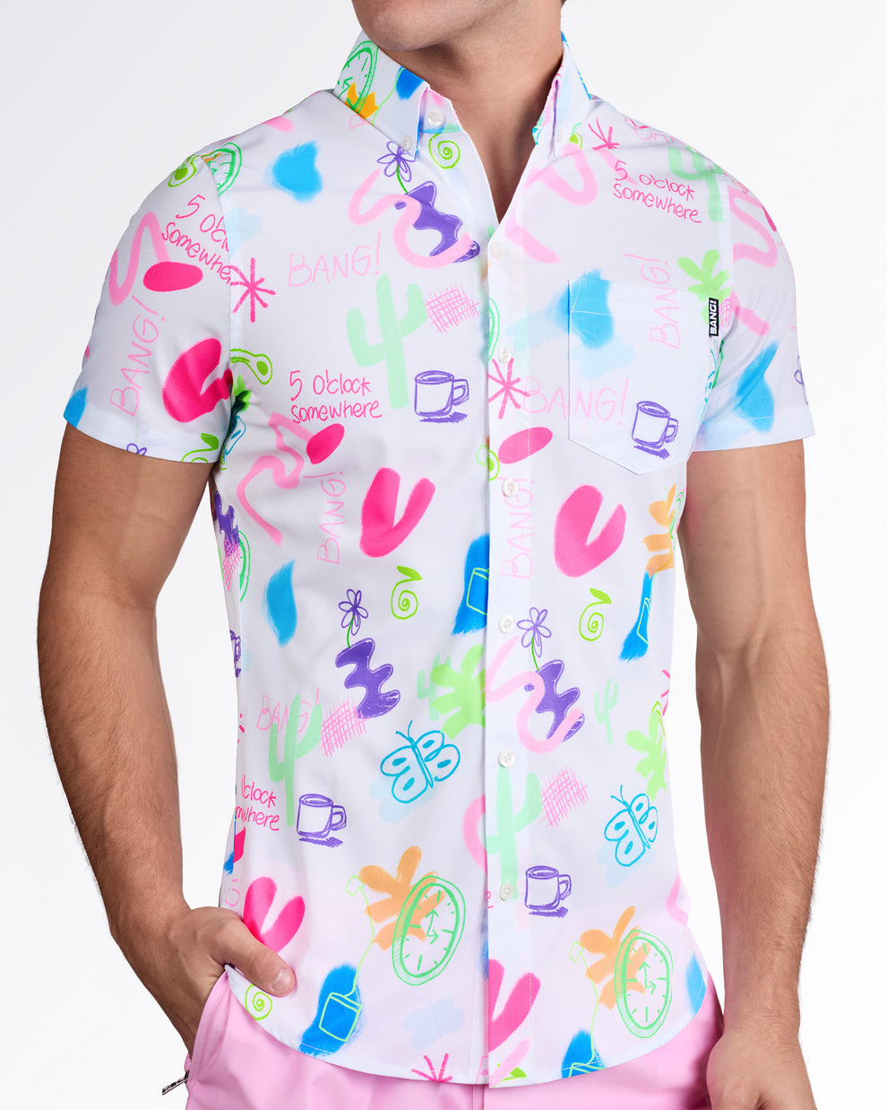 BANG! I Saw The Sign — model wearing white Stretch Shirt with multicolor graphic print, angled view highlighting button-down design and tailored fit.