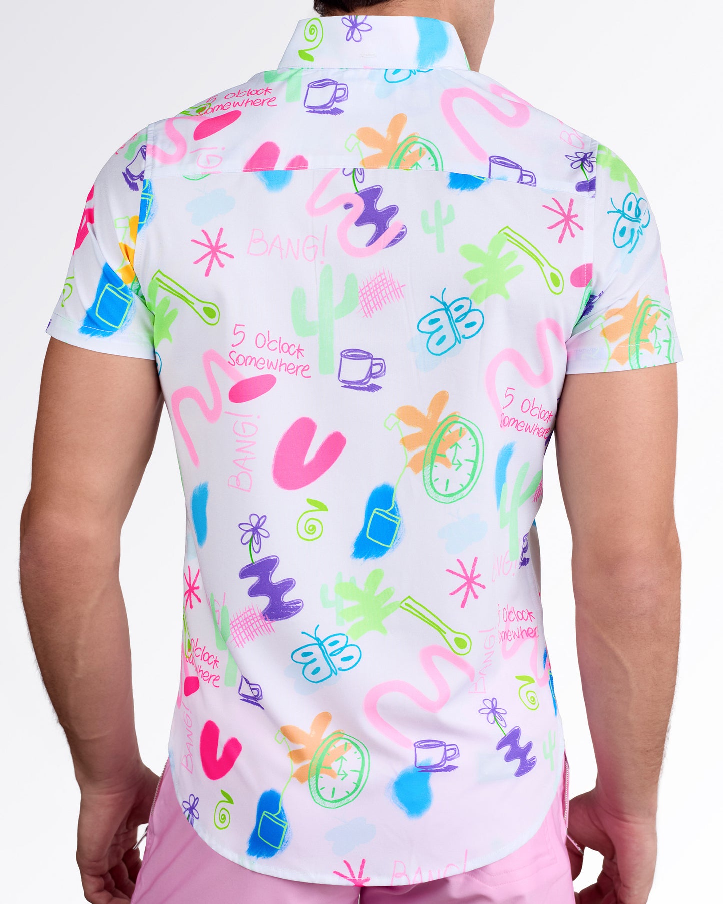 BANG! I Saw The Sign Stretch Shirt — back view showcasing all-over playful graphic print with text, icons, and abstract shapes.