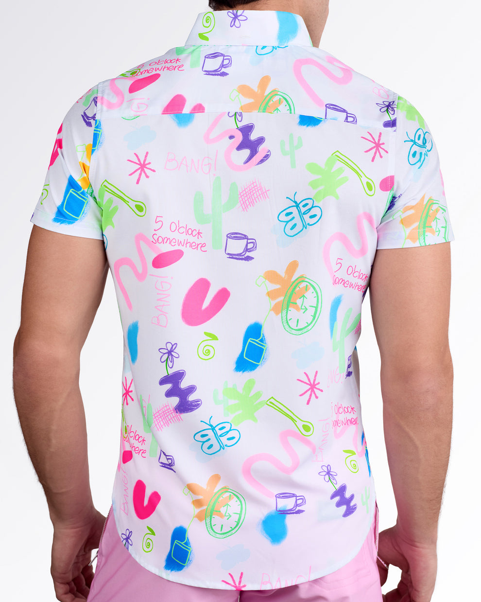 BANG! I Saw The Sign Stretch Shirt — back view showcasing all-over playful graphic print with text, icons, and abstract shapes.