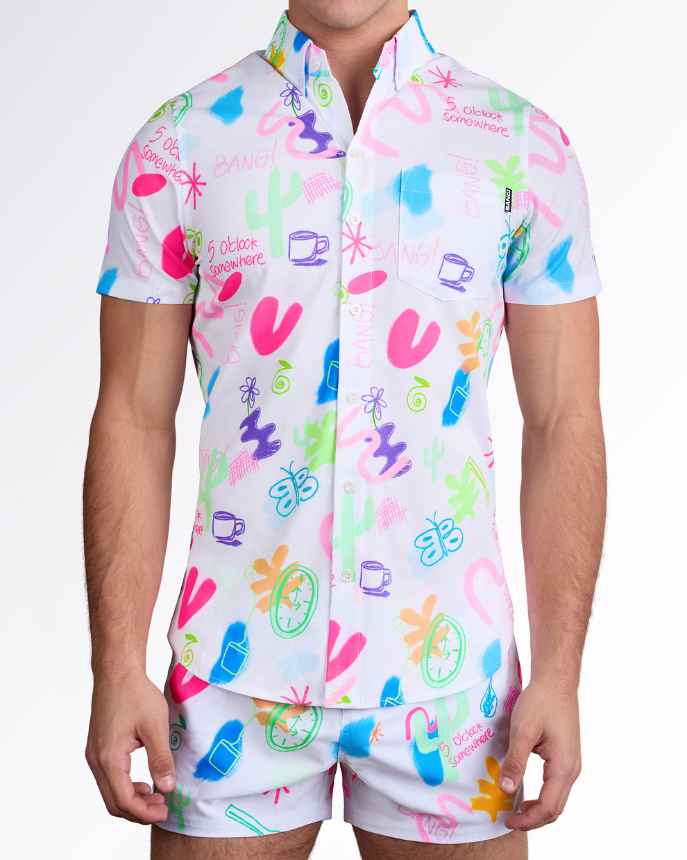 BANG! I Saw The Sign Stretch Shirt — styled with matching shorts, highlighting coordinated print set and bold colorful design.