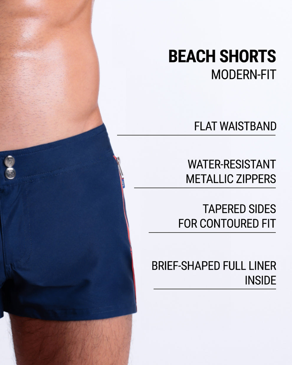 Imperial Blue Beach Shorts infographic highlighting a flat waistband, water-resistant metallic zippers, tapered sides for a contoured fit, and a built-in brief-shaped liner.