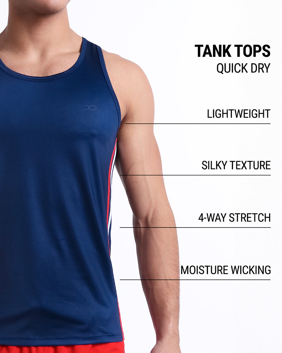 DC2 Imperial Blue Gym Tank Top — product graphic listing quick-dry, lightweight, silky texture, 4-way stretch, and moisture-wicking features.