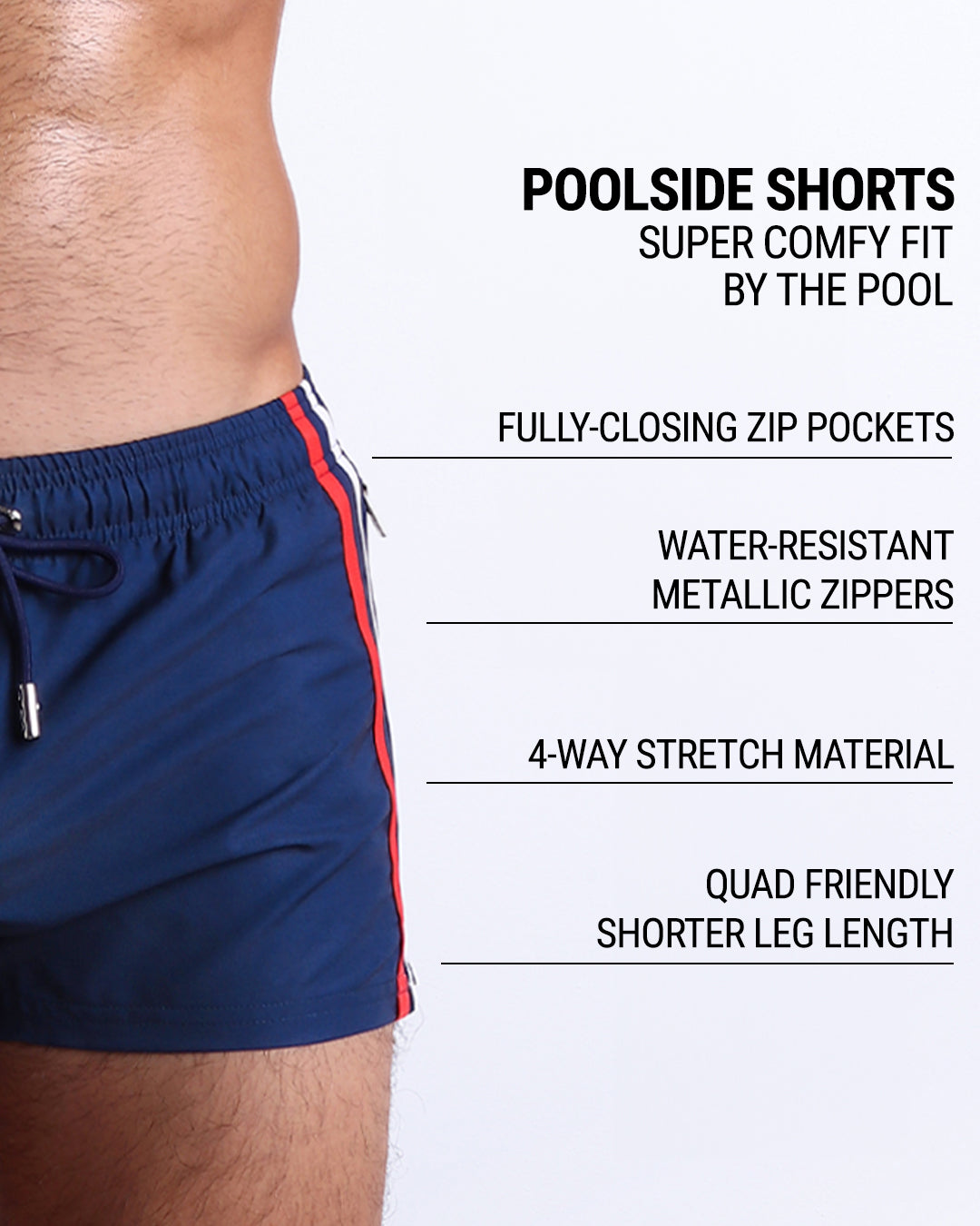 Imperial Blue Poolside Shorts infographic highlighting fully closing zip pockets, water-resistant metallic zippers, four-way stretch fabric, and quad-friendly shorter leg length.