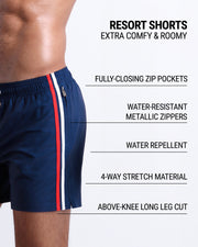 DC2’s Resort Shorts are designed to be comfortable and roomy, with fully-closing zip pockets and water-resistant metal zippers. They have 4-way stretch, water-repellent material, and are cut above the knee.