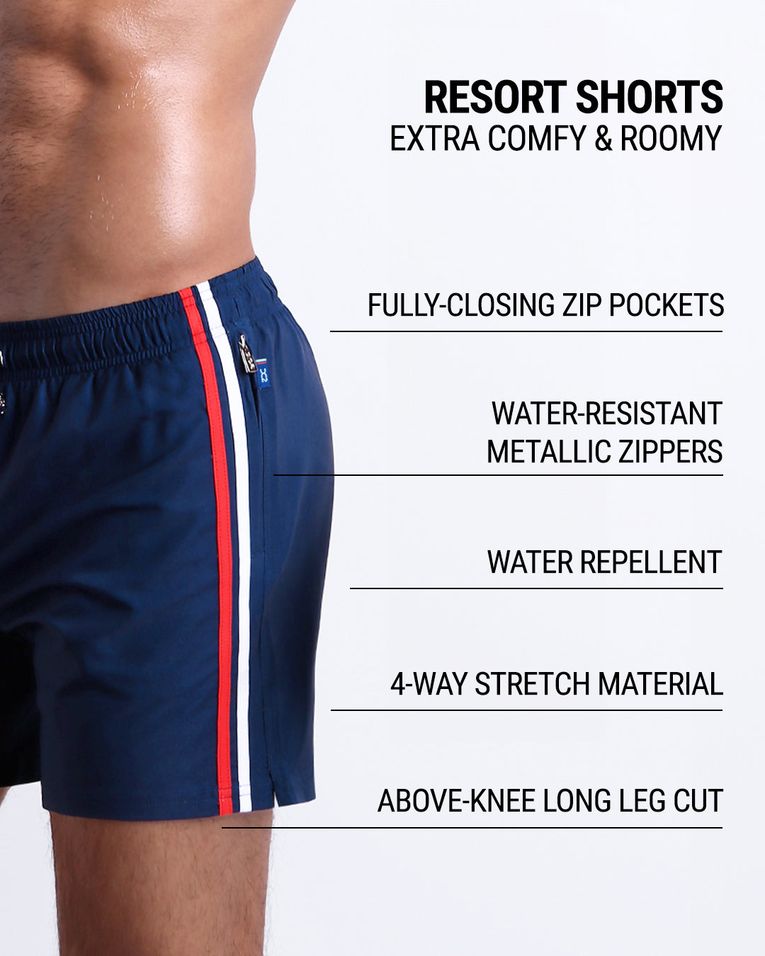 Imperial Blue Resort Shorts infographic highlighting fully-closing zip pockets, water-resistant metallic zippers, water-repellent fabric, four-way stretch material, and an above-the-knee fit.