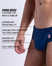 Infographic explaining the classic cut with a tune-up IMPERIAL BLUE Swim Brief by DC2. These men swimsuit is low-rise seat for optimal fit, available with or without 'Full-Pack' insert, comfier front pouch, and fully lined inside.