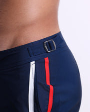 Close-up view of the IMPERIAL BLUE men’s swimwear, showing custom-branded silver adjustable side buckles.