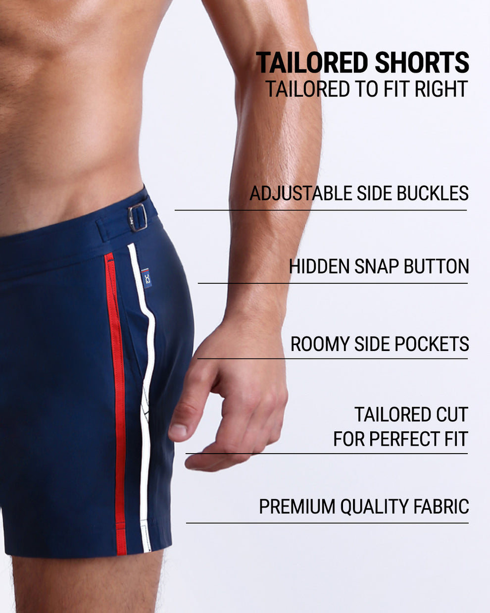 Imperial Blue Tailored Shorts infographic highlighting adjustable side buckles, hidden snap closure, roomy pockets, tailored cut, and premium fabric.