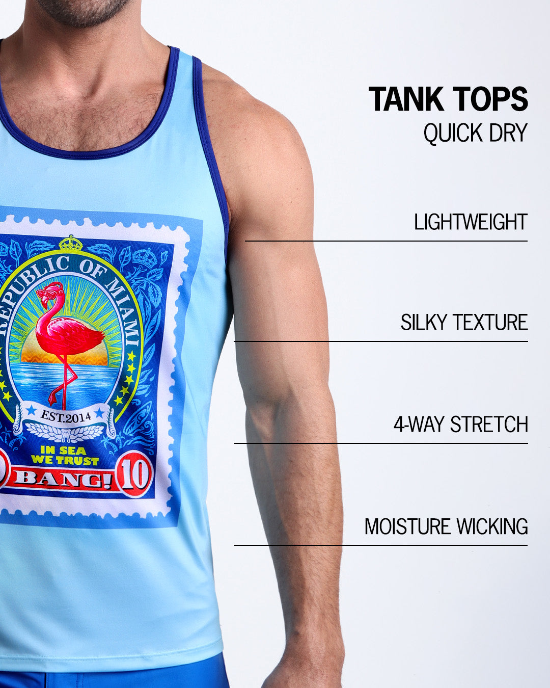 An infographic explaining the features of the lightweight, silky texture, 4-way stretch, and moisture-wicking material of the BANG! fitness tank top.