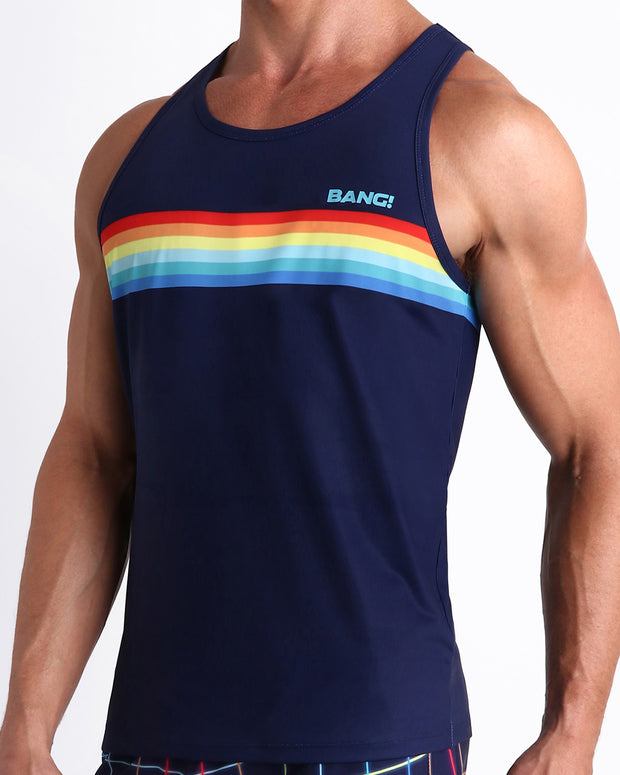 Side view of men’s casual tank top in INFINITY STRIPES in dark blue with color stripes in red, orange,yellow, blue multi colors made by Miami based Bang brand of men&