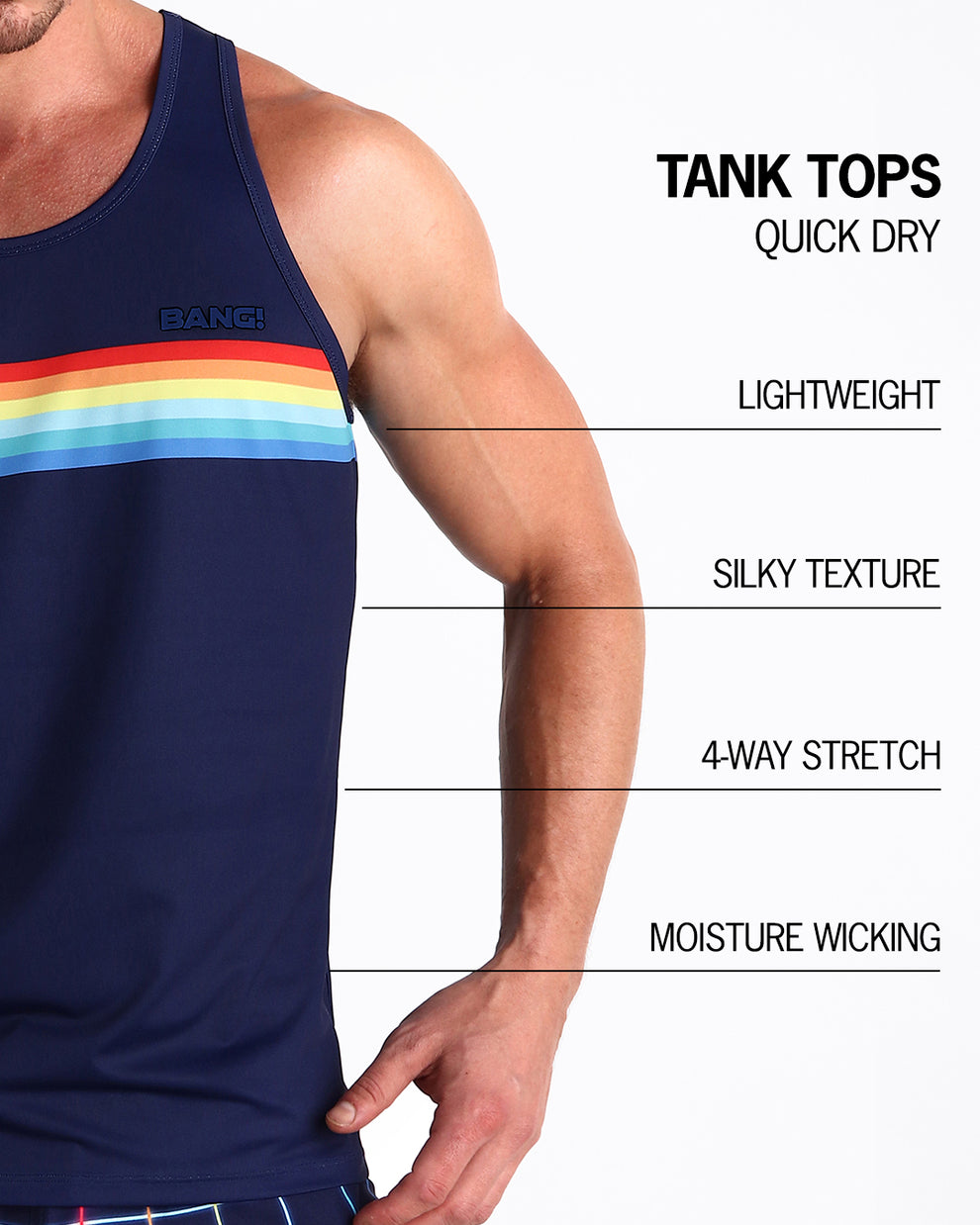 Infographic explaining how lightweight, silky texture, 4-way stretch, moisture wicking material of the BANG! clothes fitness tank top.