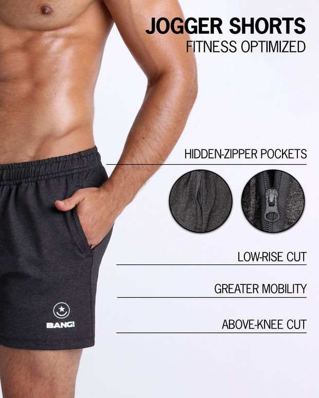 The BANG! IRON BLACK Jogger Shorts - designed with sweat-wicking fabric to keep you cool and dry, hidden zipper pockets to keep your essentials safe, a low-rise cut for a comfortable fit, and an above-knee length for maximum mobility. 