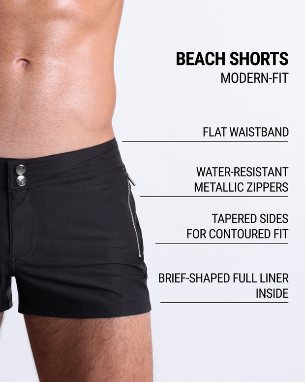 Infographic displaying the contemporary fit of DC2 Beach Shorts. These shorts feature a flat waistband, water-resistant metallic zippers, tapered sides for contoured fit, and a brief-shaped full liner inside. 
