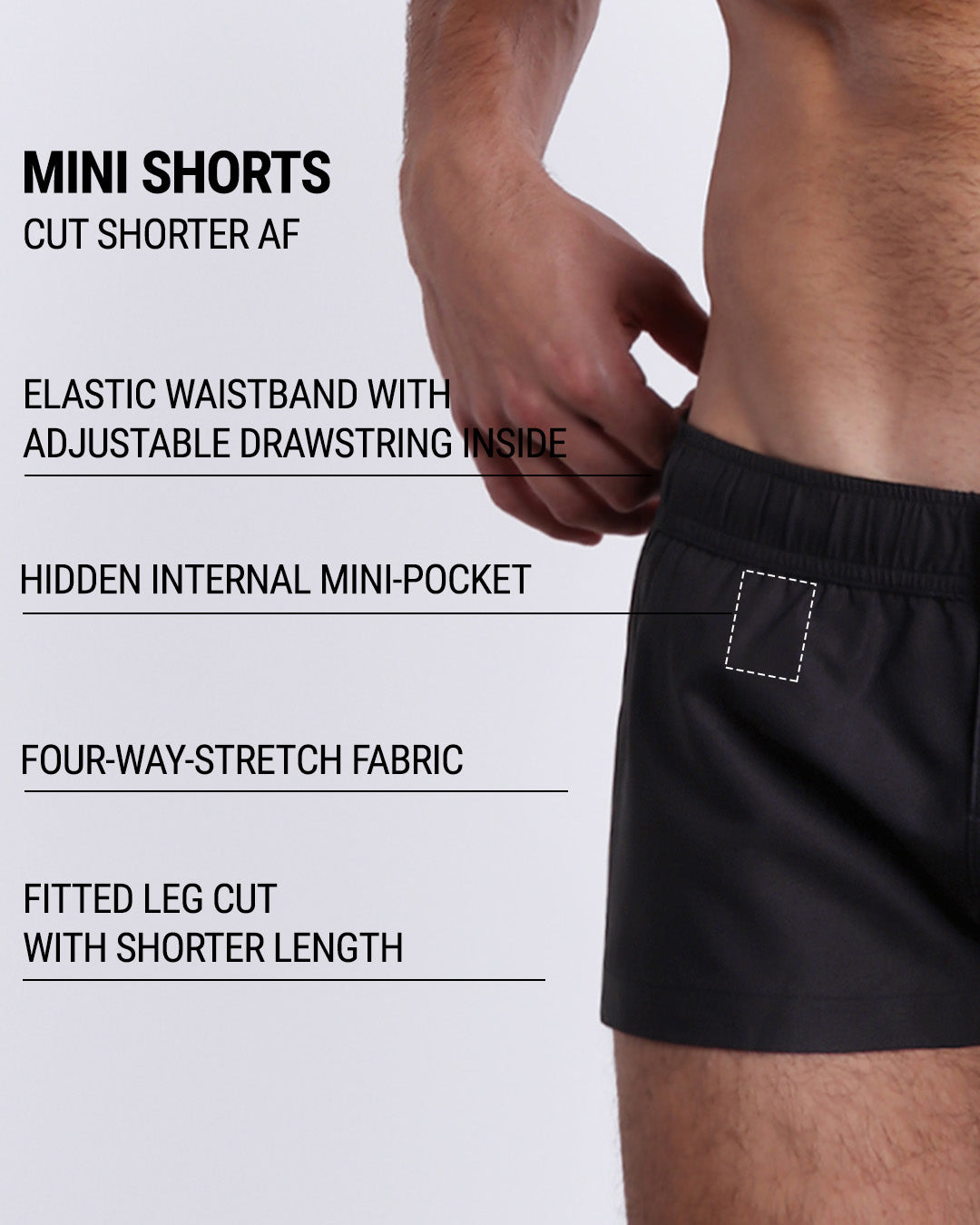 Infographic highlighting the Jet Black Mini Shorts with an internal drawstring, hidden mini pocket, four-way stretch fabric, and fitted shorter leg cut.
