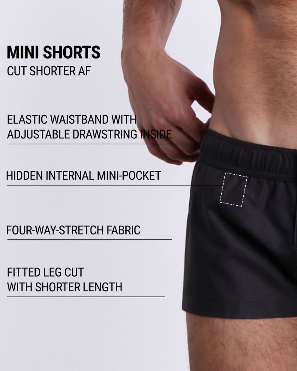 Infographic highlighting the Jet Black Mini Shorts with an internal drawstring, hidden mini pocket, four-way stretch fabric, and fitted shorter leg cut.