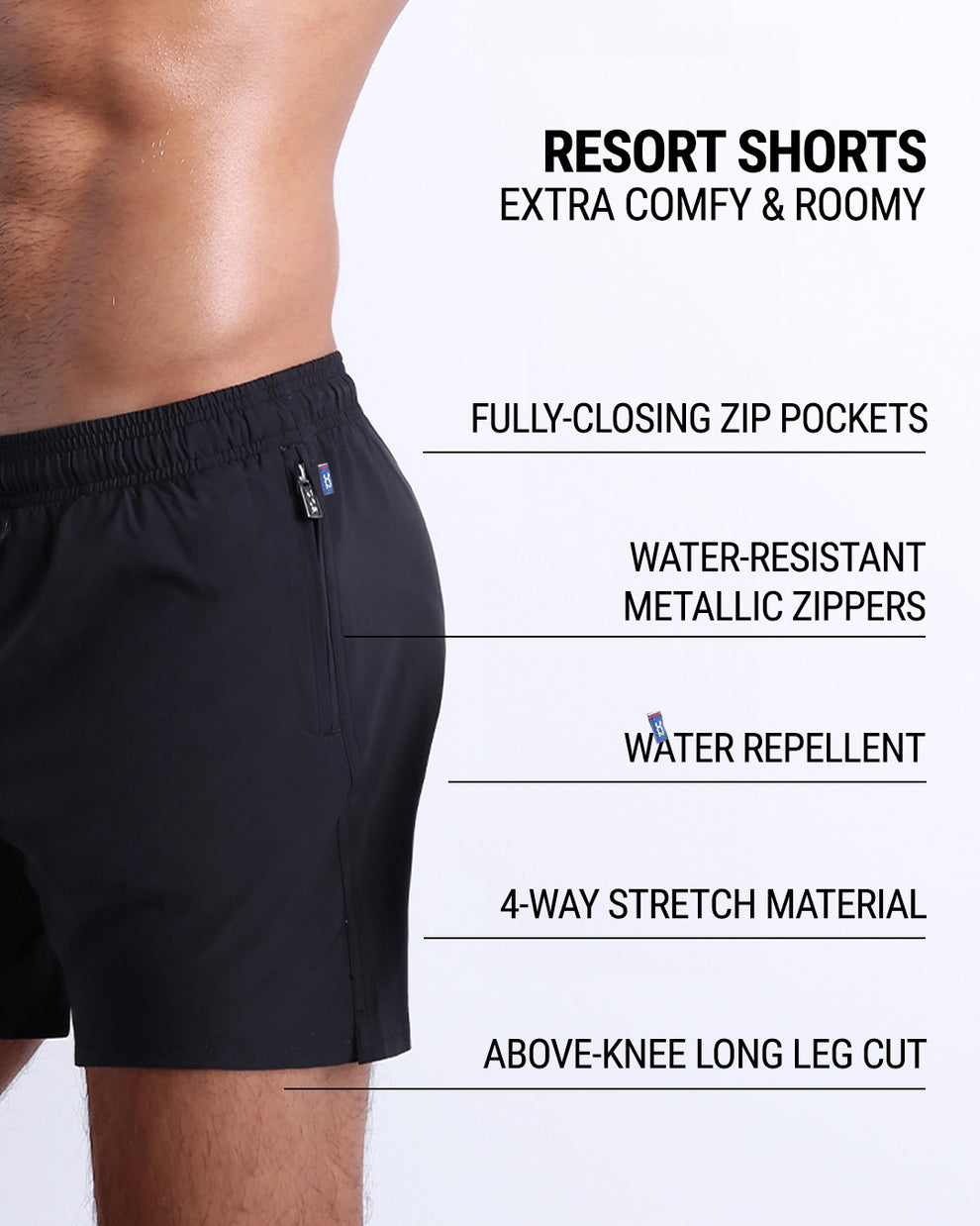 Jet Black Resort Shorts infographic featuring fully-closing zip pockets, water-resistant metallic zippers, water-repellent finish, 4-way stretch fabric, and an above-knee relaxed fit.