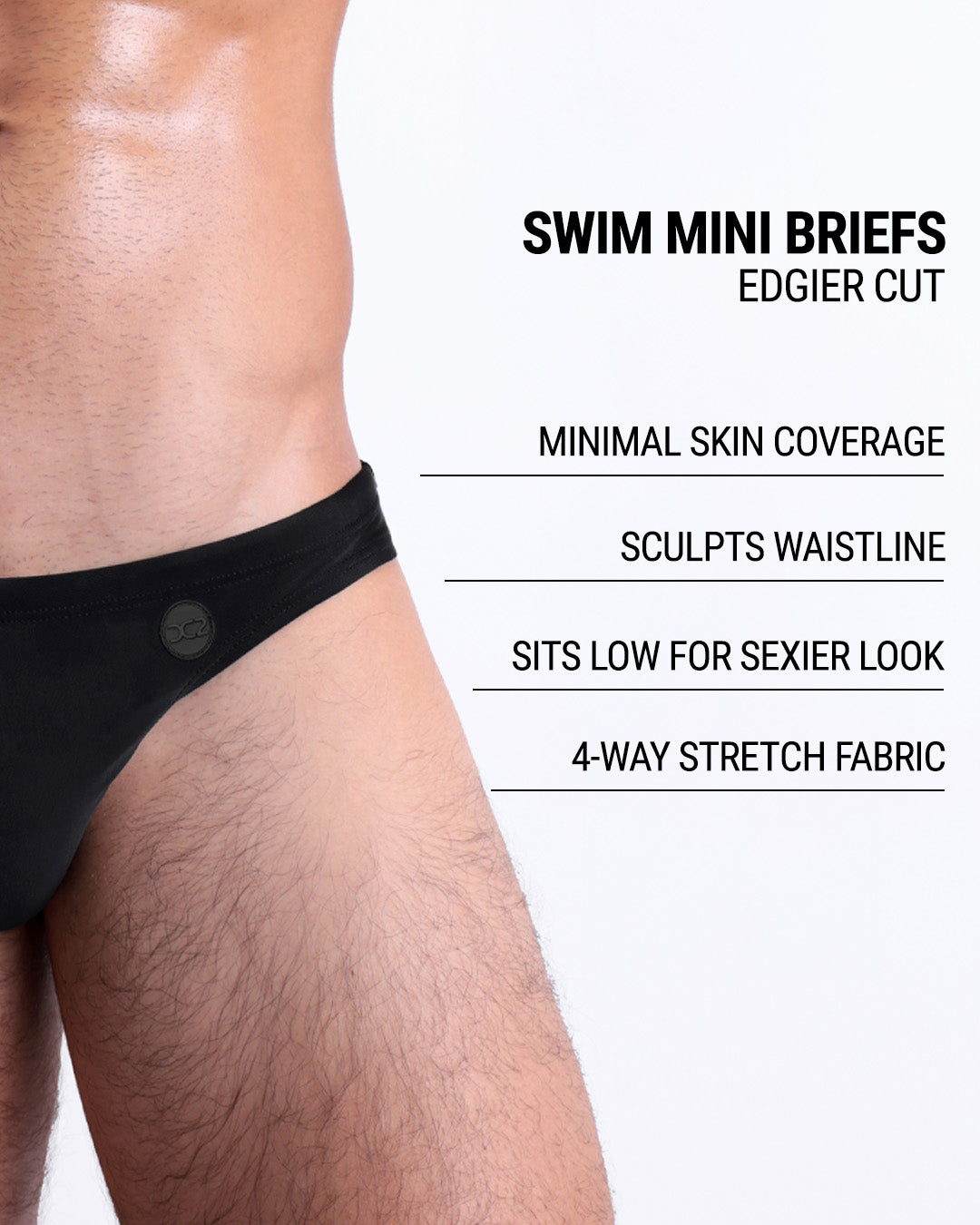 Infographic explaining the edgier cut of the Swim Mini Briefs. Features sculpt waitline, 4-way stretch fabric, sits low for sexier look, and has quick-dry material.