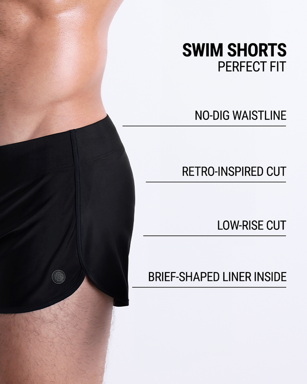 These infographics illustrate the features of the new DC2 Swim Shorts in JET BLACK. They have a retro-inspired cut, a low-rise design, and a brief-shaped liner inside, while the no-dig waistline ensures maximum comfort.