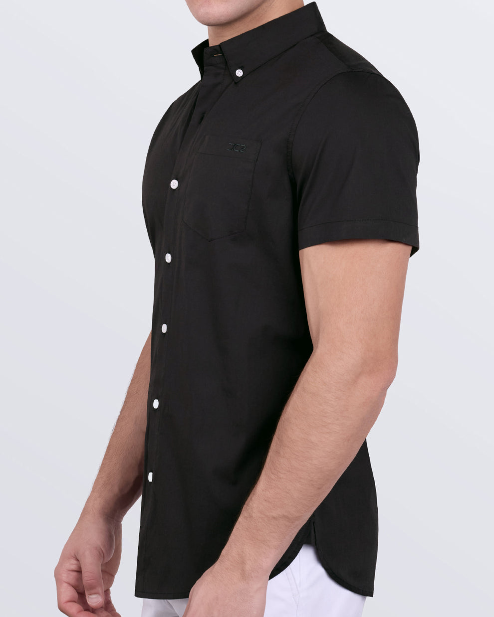 Slim-fit Jet Black cotton shirt for men featuring short sleeves and a tapered side profile.