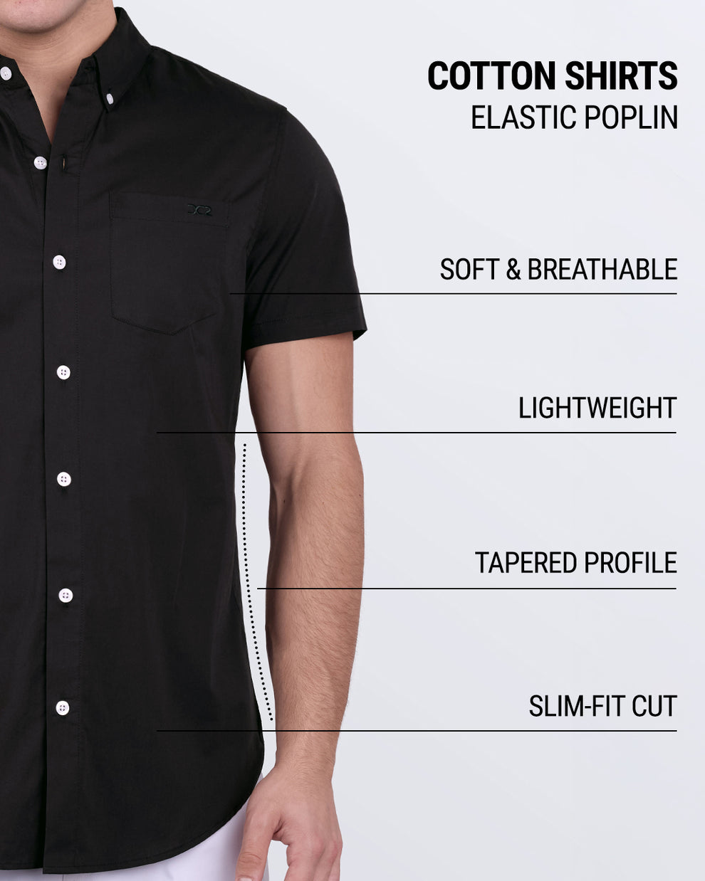 DC2 Jet Black cotton shirt – breathable, lightweight, slim-fit, with a tapered silhouette.