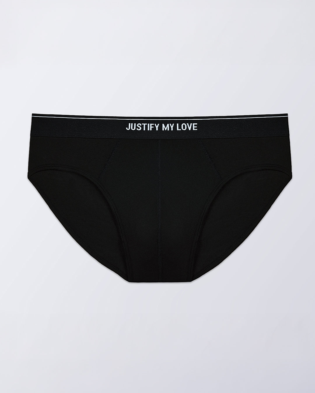 DC2 JUSTIFY MY LOVE Modal Brief — flat lay of men’s black underwear with logo waistband.
