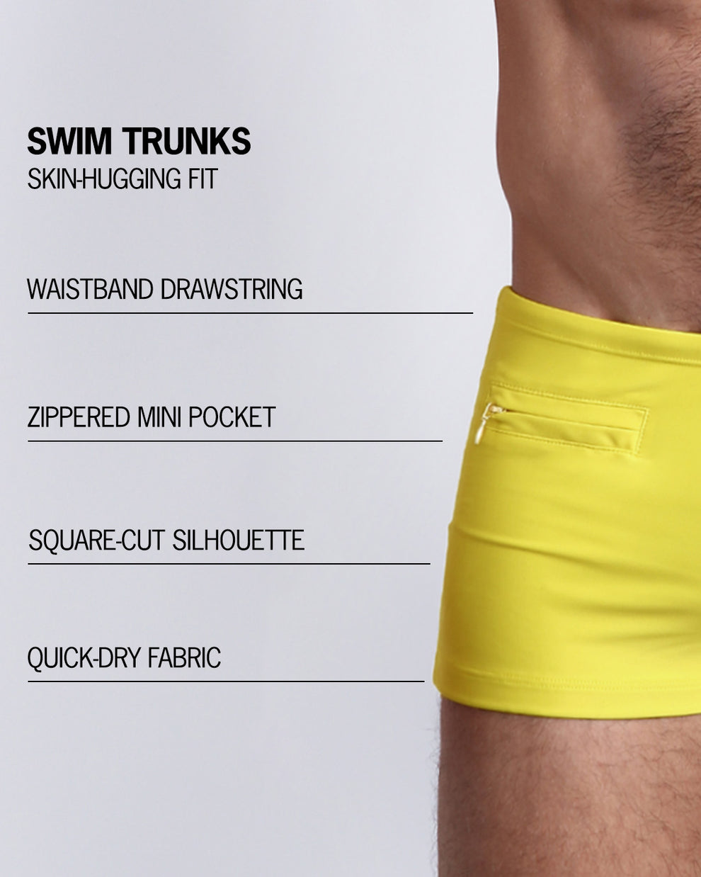 Infographic explaining the Swim Trunks swimming shorts by BANG! These Swim Trunks have a skin-hugging fit, have a wasitband drawstring, zippered mini pocket, square-cut silhouette and quick-dry fabric.