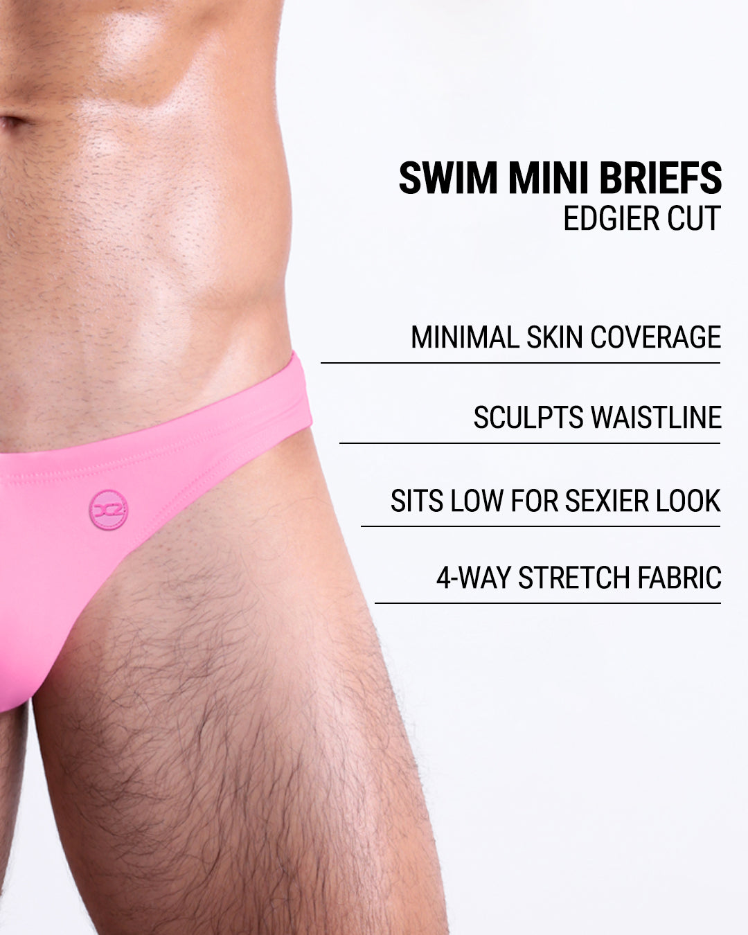 DC2 La Beach en Rose Swim Mini Brief — close-up product shot with features: minimal skin coverage, sculpts waistline, sits low for sexier look, and 4-way stretch fabric.