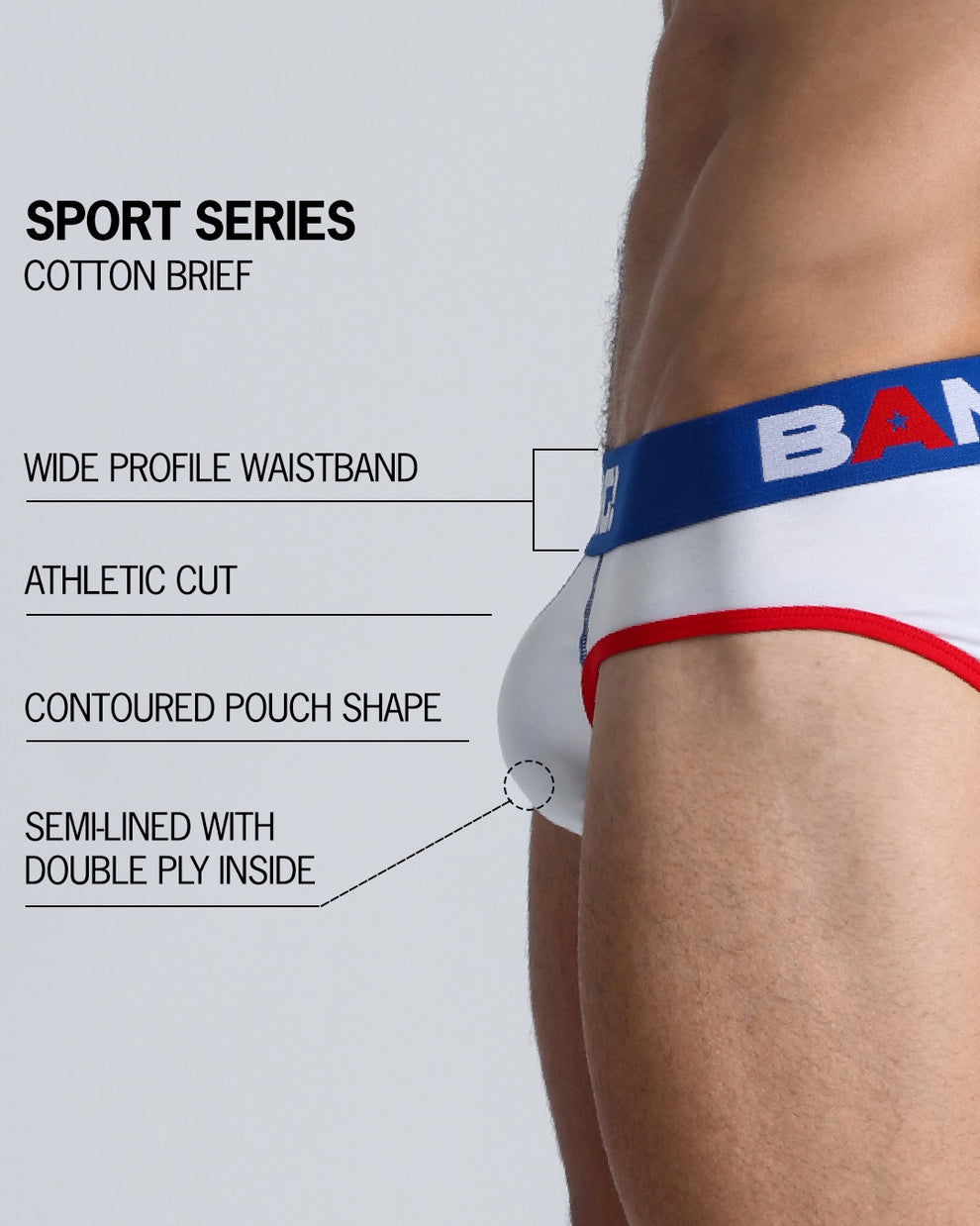 An infographic displays the premium quality of the Cotton Brief Sport Series. It features a wide profile waistband, athletic cut, contoured pouch shape, and semi-lined with double ply inside.