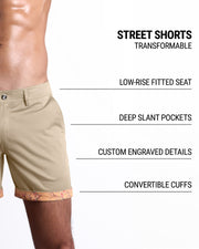 Men tailored fit chino shorts in LET'S HAVE A KHAKI by DC2 Keeps you feeling comfortable and looking sharp all. Classic chino shorts for men in a cotton blend from DC2 Clothing from Miami. Features two front pockets and custom engraved button front closure with zip fly. Can roll-up cuffs for shorter length and showing internal print. Or hem down for a mid-thigh length and full-solid tan brown color showing.