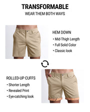 LET'S HAVE A KHAKI Street shorts by DC2 are tranformable. You're able to wear wear them 2 ways: Hem down or rolled-up cuffs. Hem down have a mid-thigh length, full solid color, and provide a classic chino shorts look. Rolled-up cuffs provide a shorter length, provide a fun print and eye-catching look.