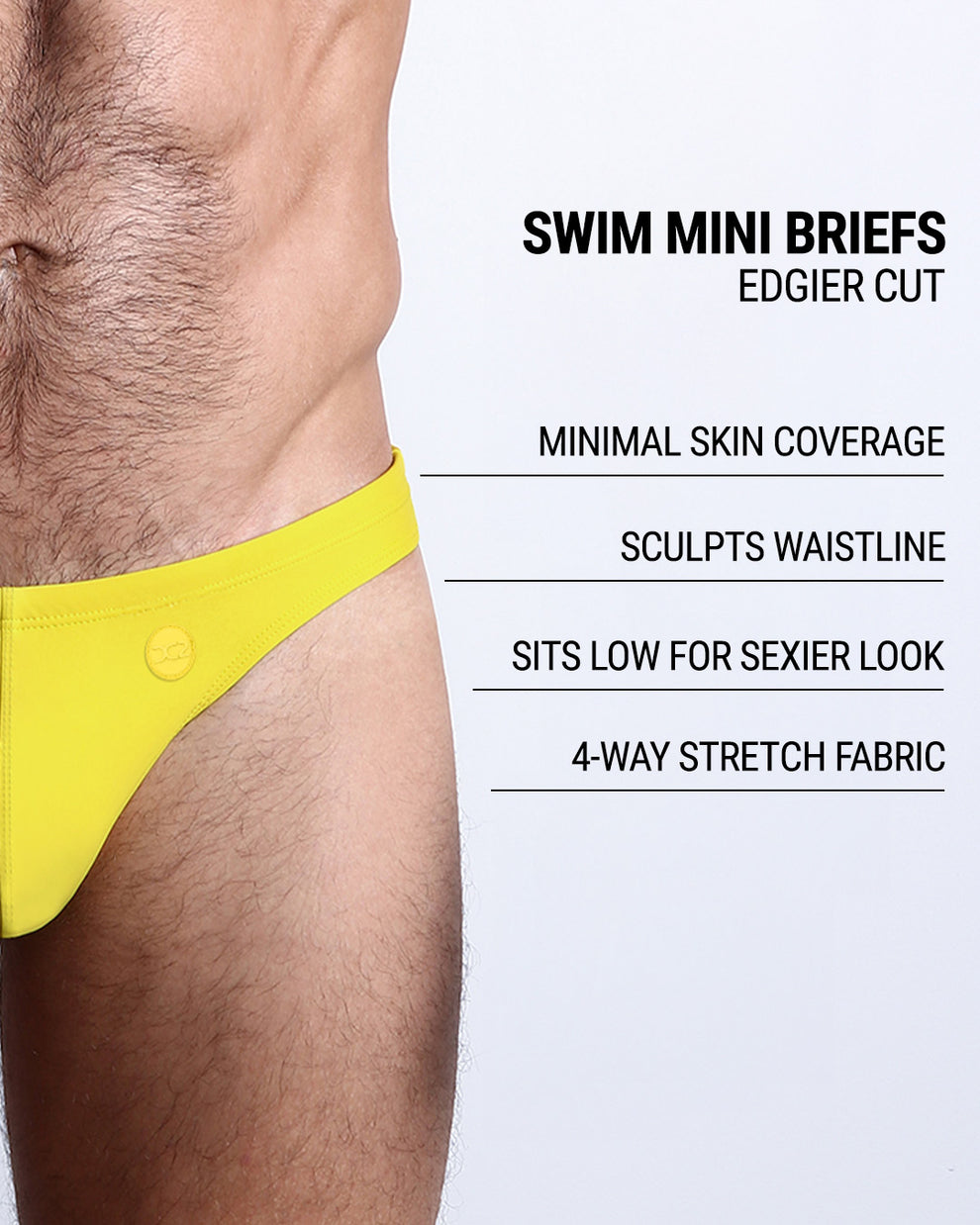 Product details graphic of Limoncello Swim Mini Briefs — showcasing minimal coverage, 4-way stretch, and sculpted low-rise fit.
