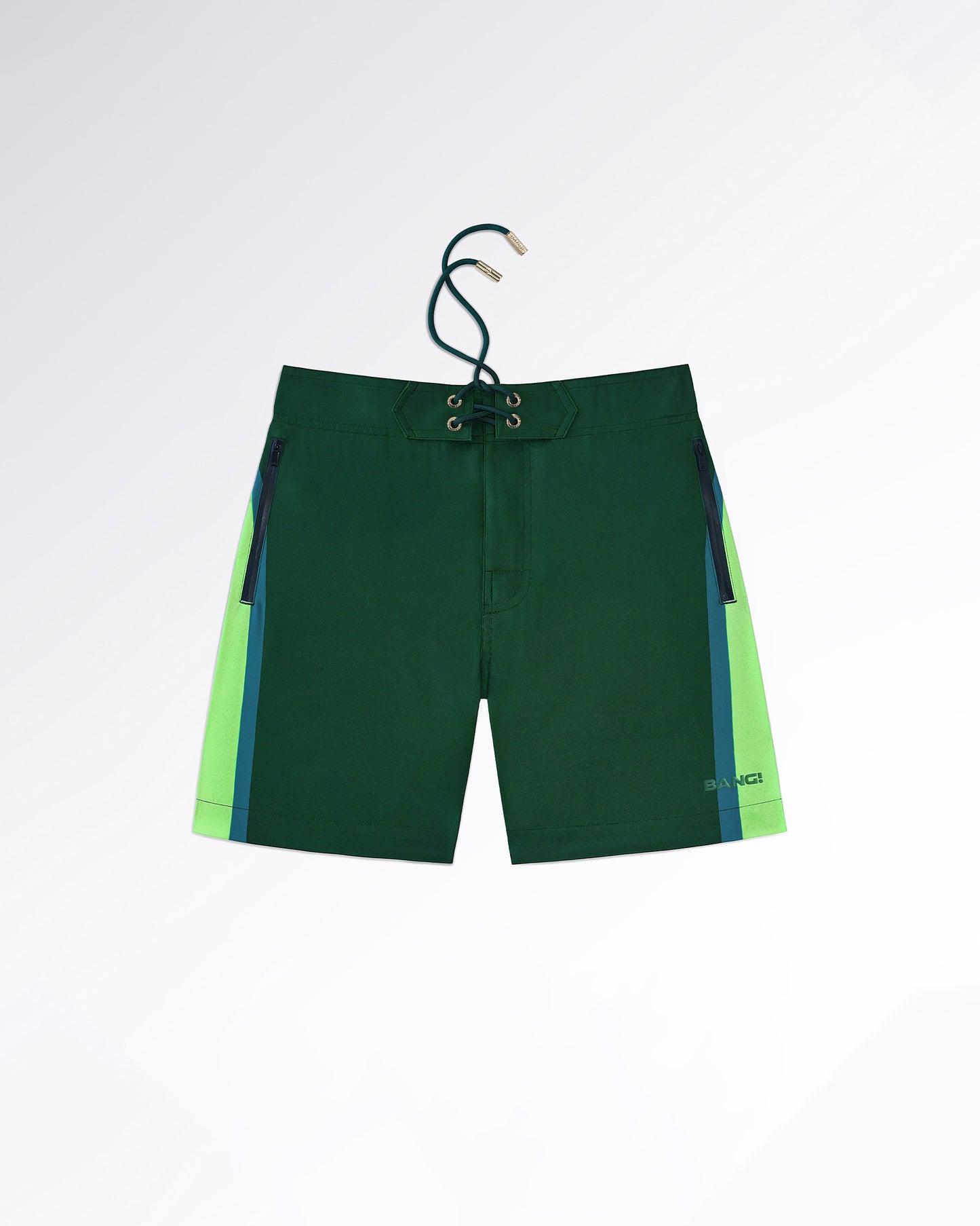 BANG! Miami Lines in Stereo Flex Boardshorts — flat lay of deep green flex boardshorts with gradient side panel stripes in lime and teal, featuring zip pockets and lace-up waistband detailing.