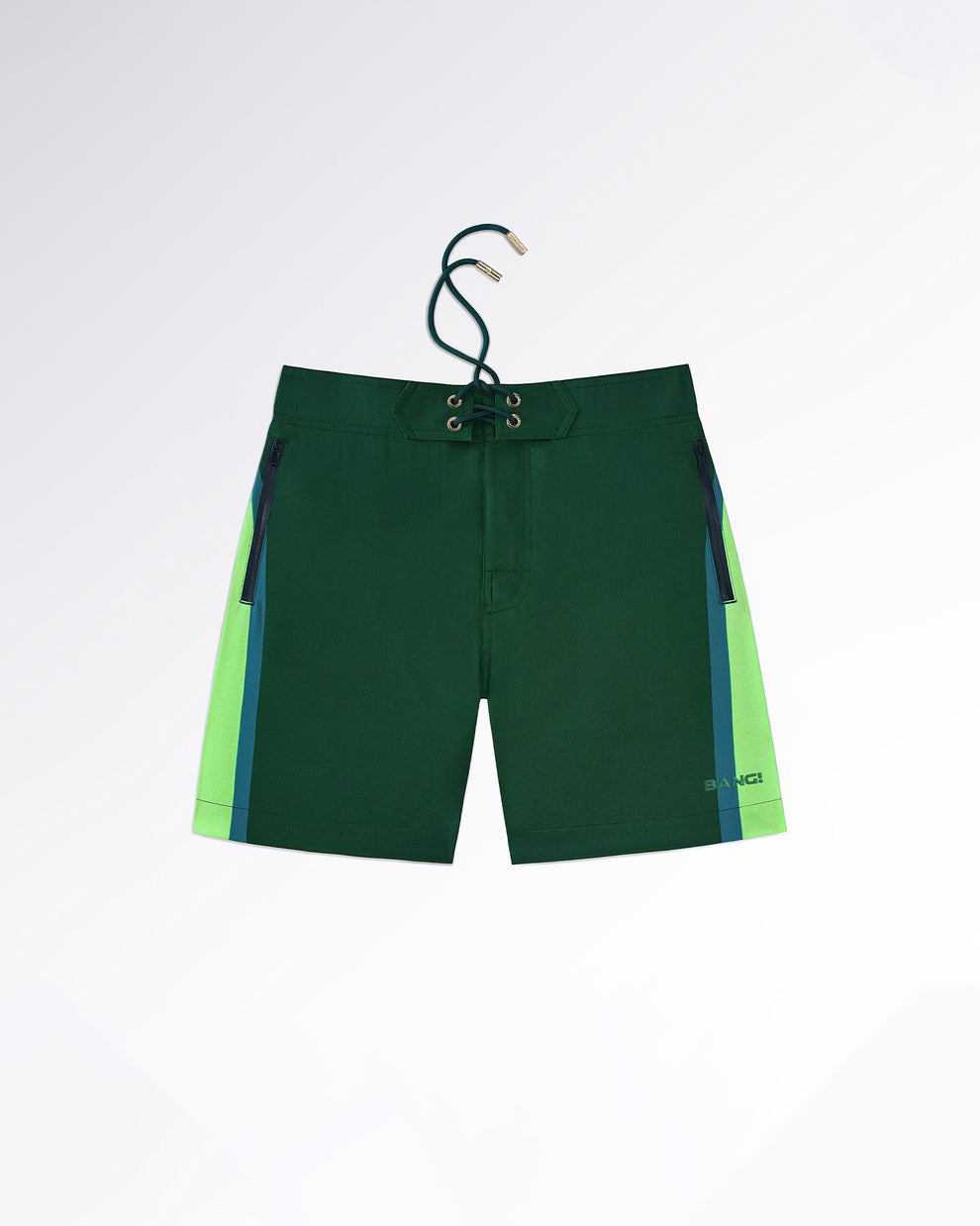 BANG! Miami Lines in Stereo Flex Boardshorts — flat lay of deep green flex boardshorts with gradient side panel stripes in lime and teal, featuring zip pockets and lace-up waistband detailing.