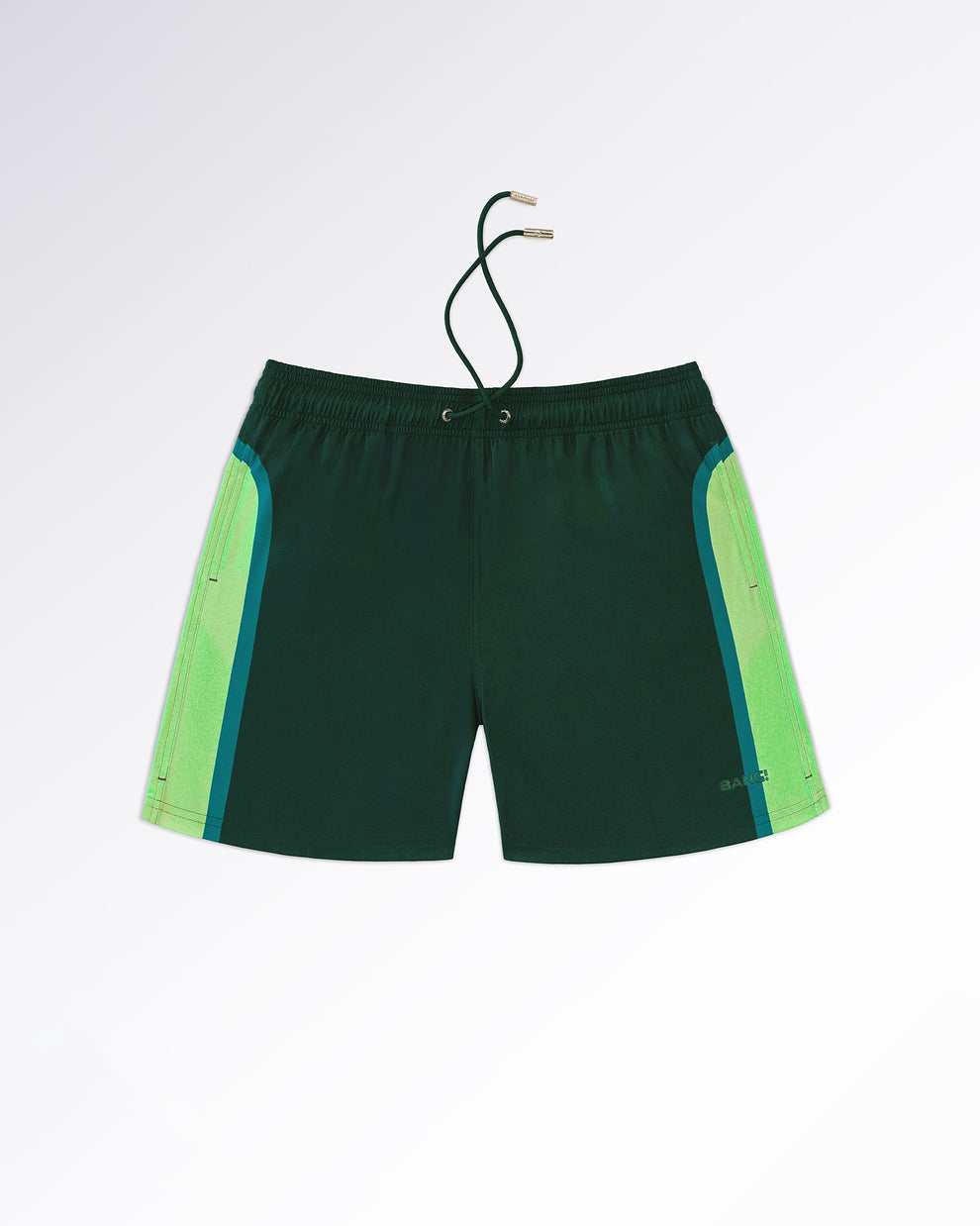 BANG! Miami Lines in Stereo Resort Shorts — flat lay of dark green resort shorts featuring gradient side panel detailing in lime and teal tones with relaxed drawstring styling.