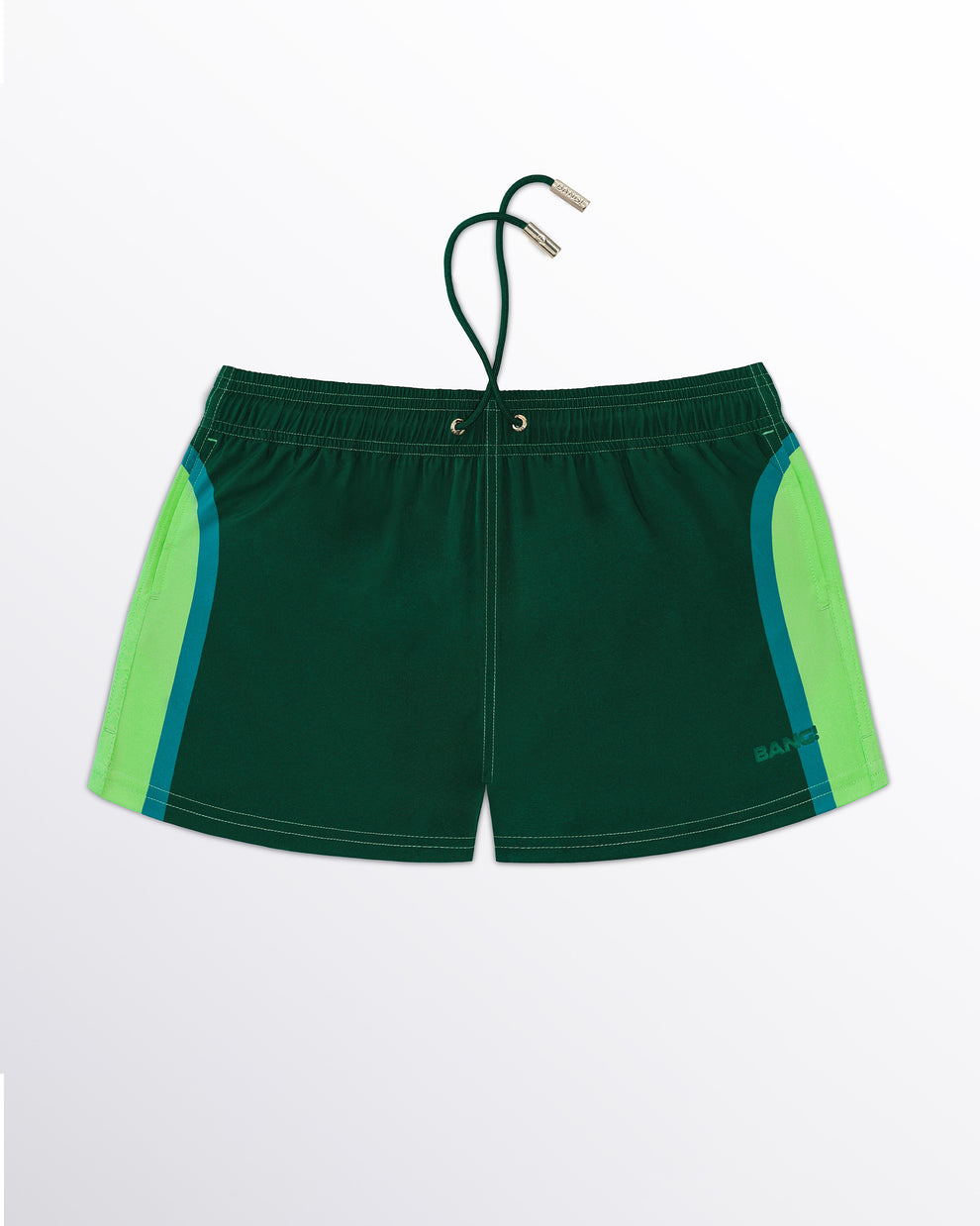 BANG! Miami Lines in Stereo Show Shorts — flat lay of dark green show shorts with lime and teal side panel stripes in a retro-inspired colorblock design.