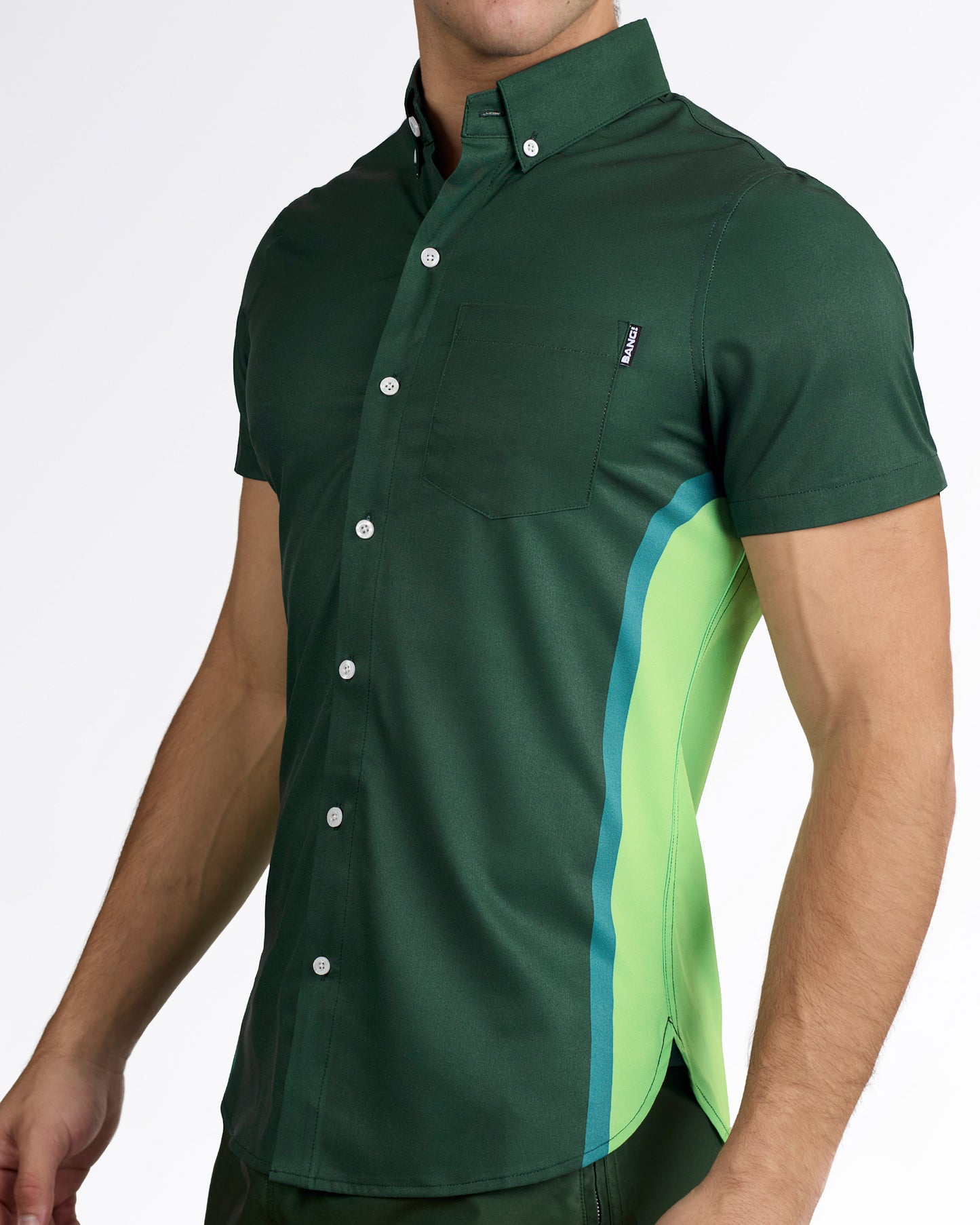 BANG! Lines in Stereo — model wearing dark green Stretch Shirt with gradient side stripe, angled view highlighting button-down design and tailored fit.