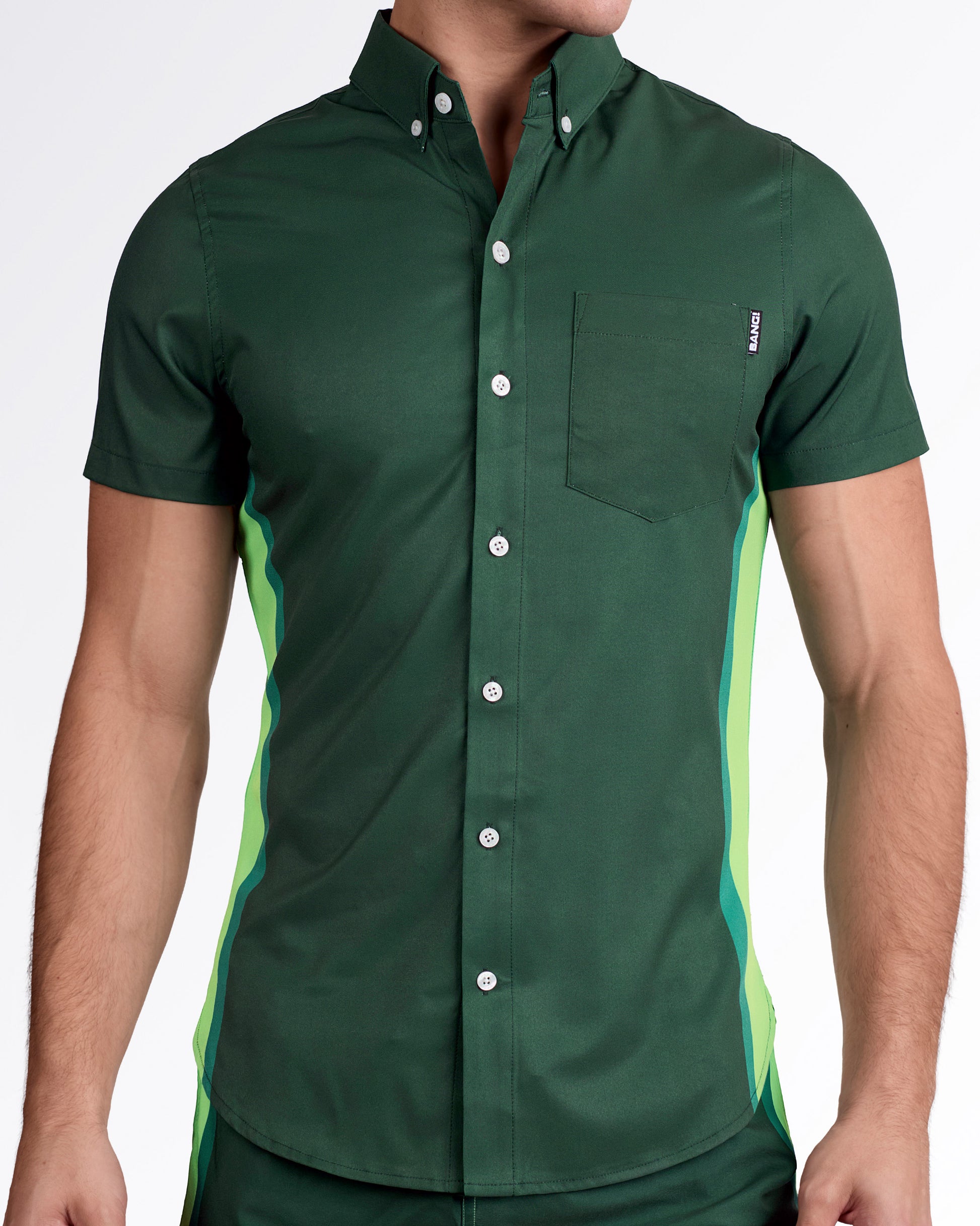 BANG! Lines in Stereo Stretch Shirt — front view showcasing clean structure, chest pocket detail, and contrast side panel design.