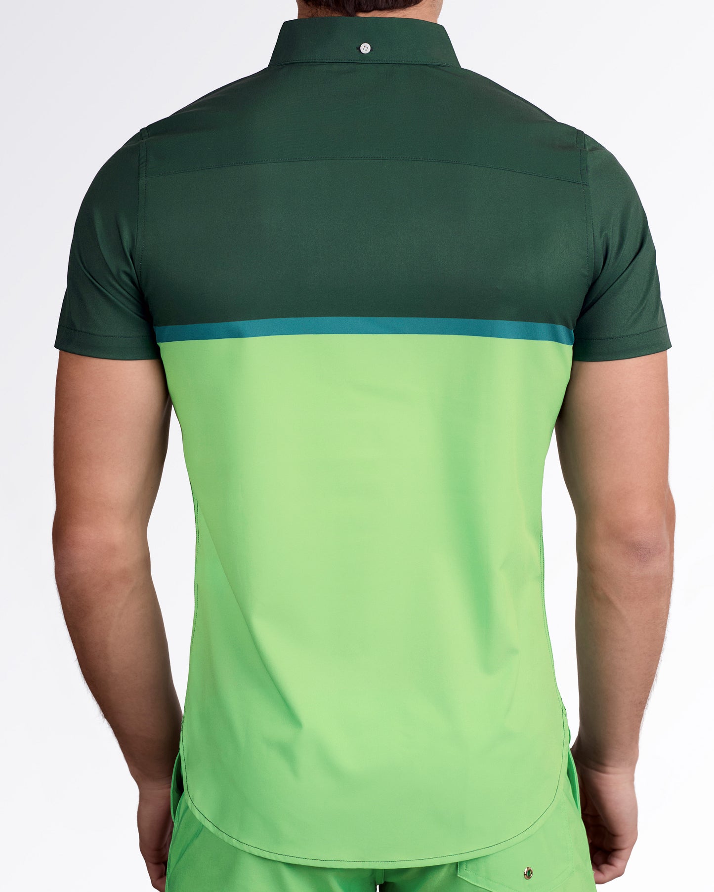 BANG! Lines in Stereo Stretch Shirt — back view highlighting gradient green panel and horizontal stripe detail across upper back.
