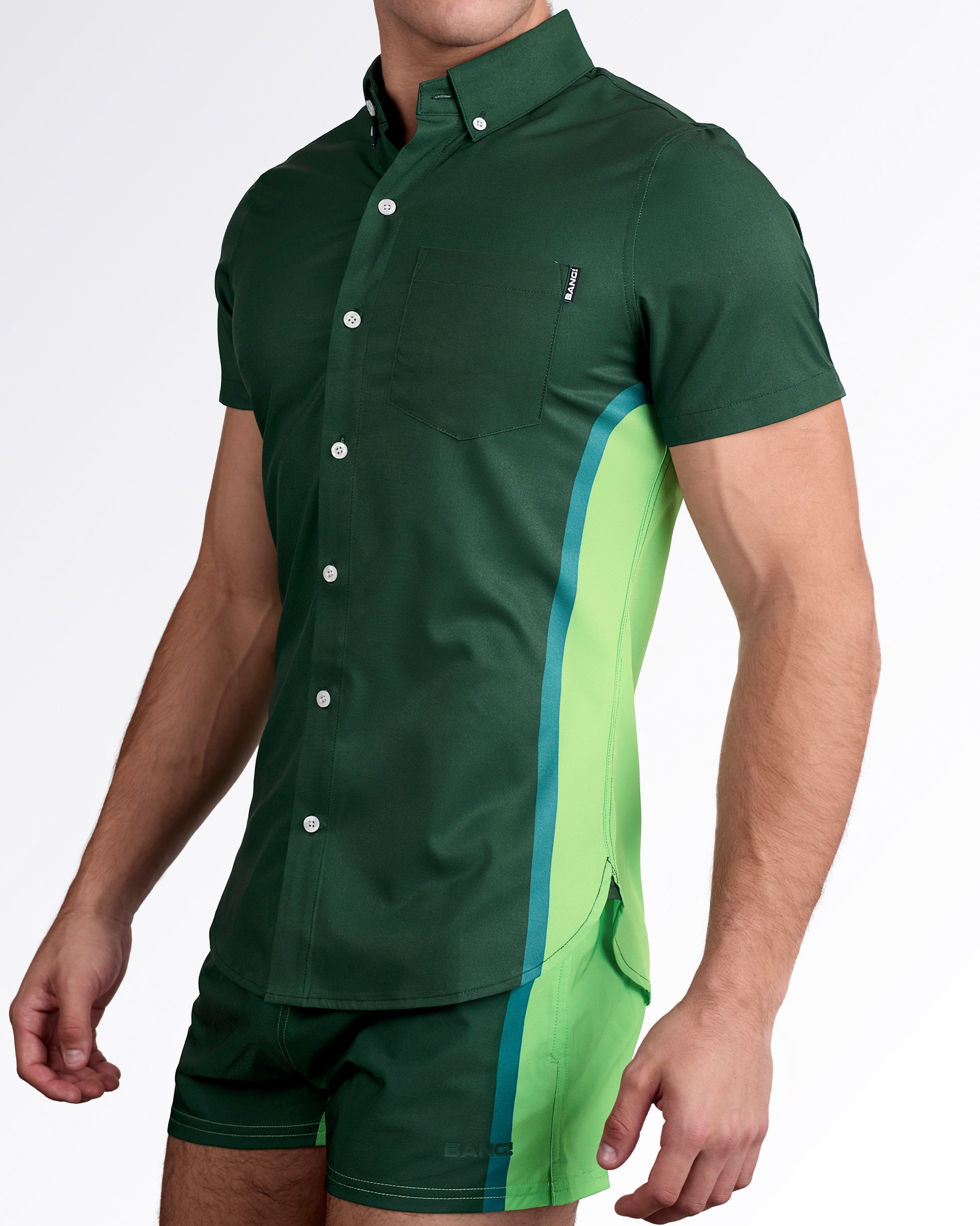 BANG! Lines in Stereo Stretch Shirt — styled with matching shorts, showcasing coordinated set and modern athletic-inspired design.