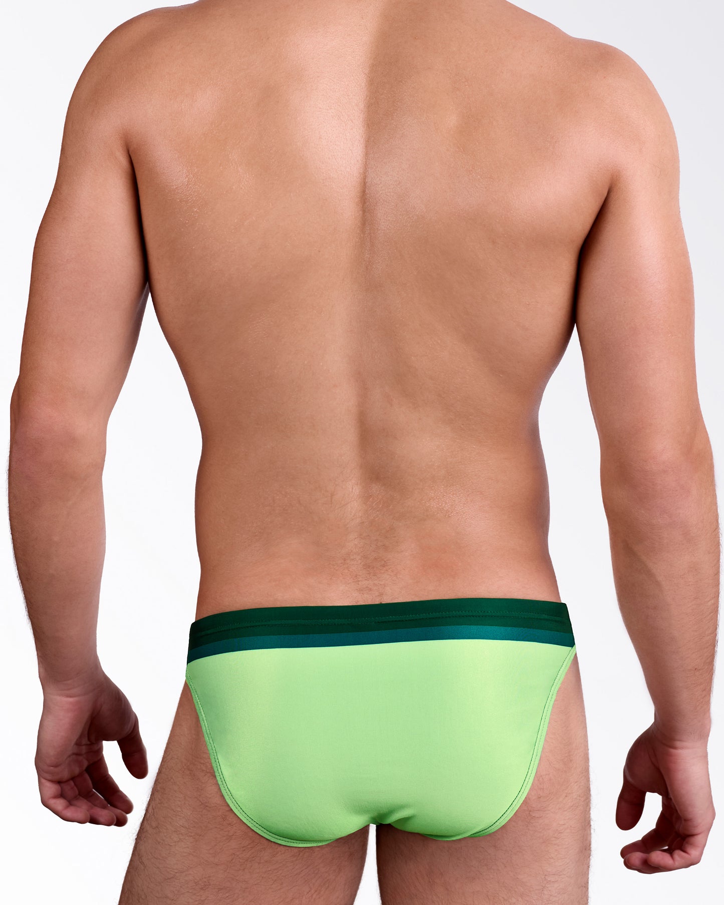 BANG Lines In Stereo Swim Mini Brief — back view showcasing lime gradient rear panel, tonal dark green waistband trim, and streamlined mini brief cut with clean, tailored coverage.