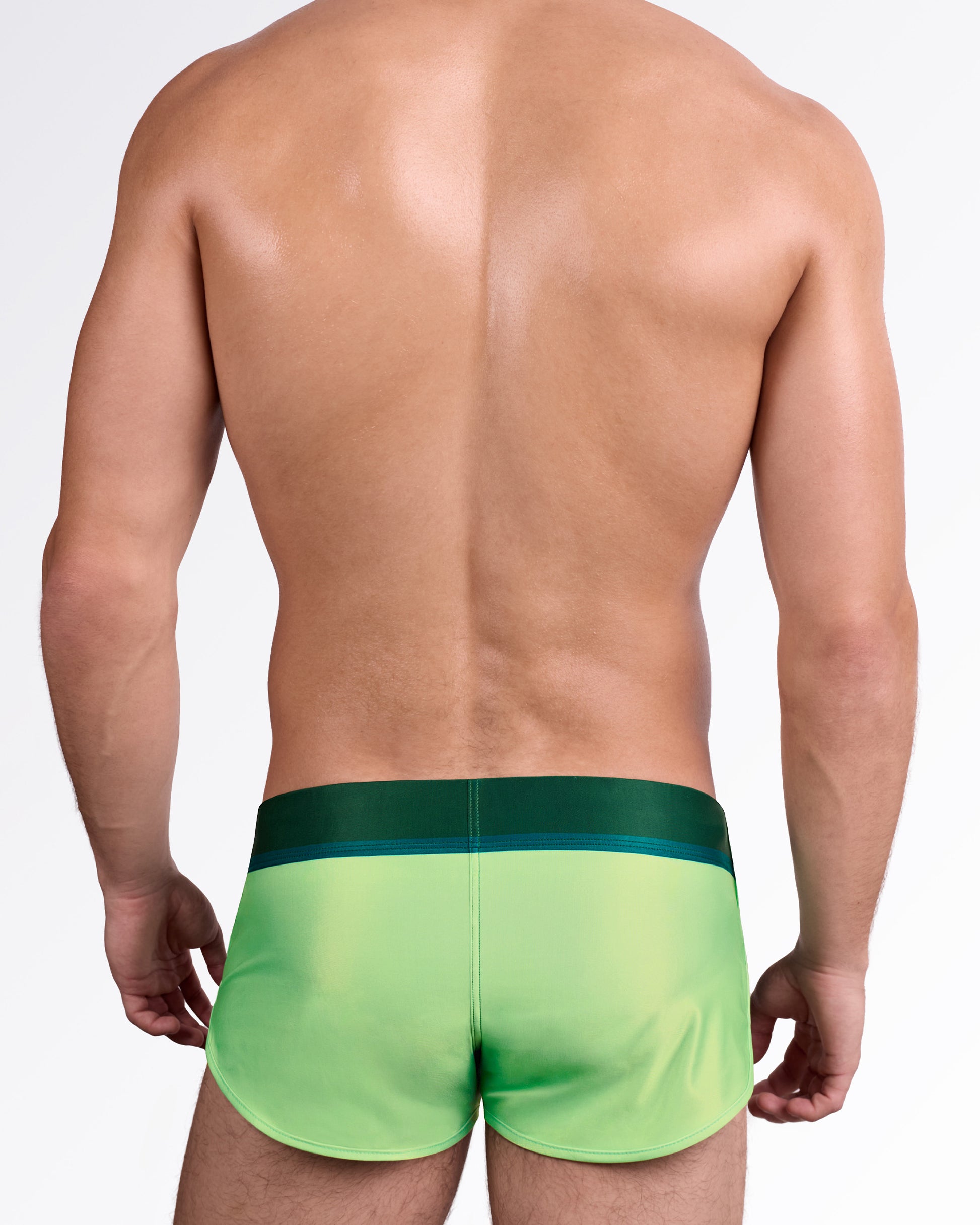 BANG Lines in Stereo Swim Shorts — back view showing gradient lime green panel with structured waistband and smooth finish.