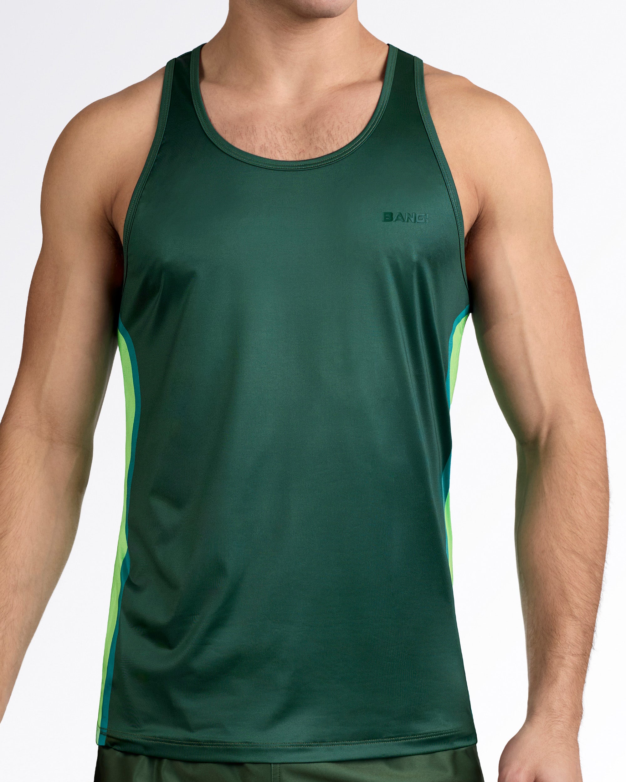 BANG Lines In Stereo Gym Tank Top — front view highlighting smooth stretch athletic fabric, contoured side striping in lime and teal, and tailored muscle fit.
