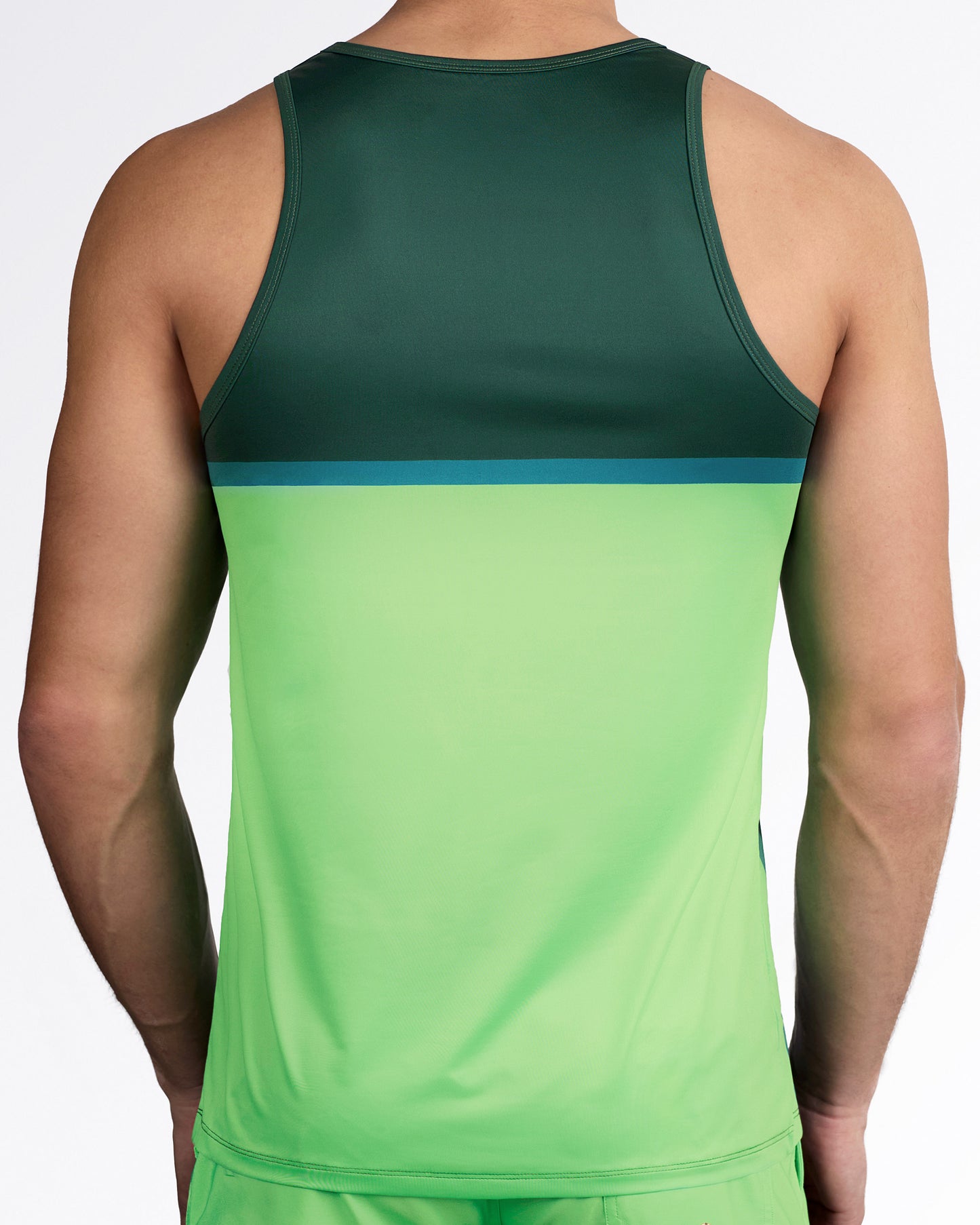 BANG Lines In Stereo Gym Tank Top — back view showcasing gradient green color blocking with horizontal teal stripe across upper back.