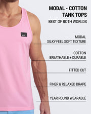 Infographic explaining the features of DC2 Miami's Modal Cotton Tank Tops. Highlights include a silky-feel soft texture from modal, breathable, and durable cotton, a fitted cut for a sleek look, a finer and relaxed drape, and versatility as a year-round wearable piece. The tank top combines the best of both worlds for comfort and style, ideal for gym wear and casual outfits.