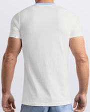 Back view of a white men's t-shirt with a light blue collar, made from soft, durable and breathable Pima cotton. Part of the DC2 Miami men's streetwear and beachwear collection, ideal for casual summer outfits