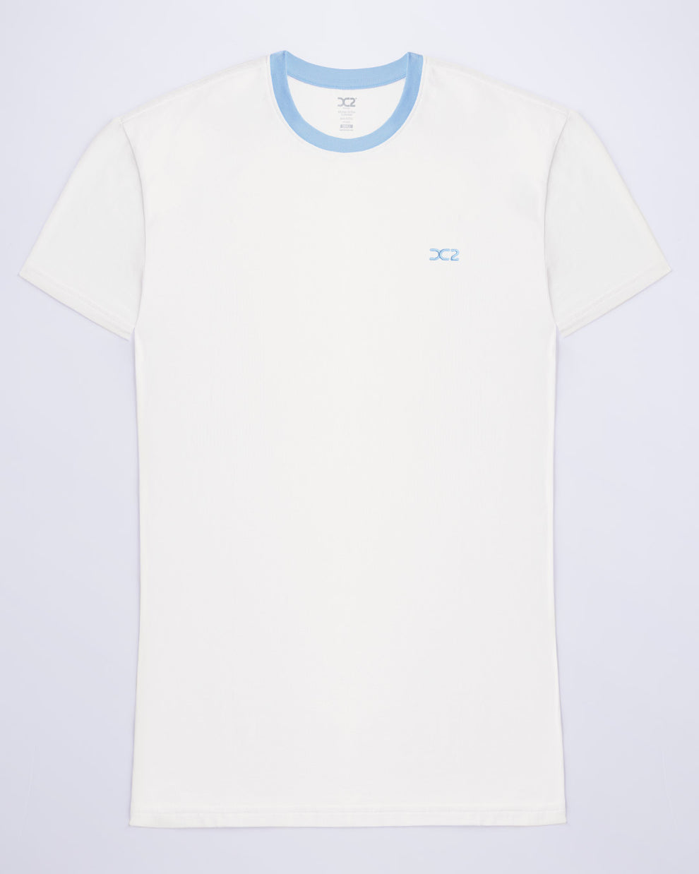 The men's premium solid white LOTUS WHITE Pima cotton t-shirt with a contrasting light blue collar and embroidered DC2 logo. Perfect for a modern casual look, this streetwear tee is part of the DC2 Miami men's beachwear collection, designed for comfort and style.