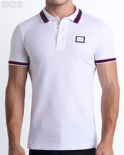 Front view of the LOTUS WHITE Polo Shirt. It features a slim fit and short sleeves for a modern twist. Made from Peru's premium Pima Cotton, it's stylish and comfortable by DC2 a BANG! Miami Clothes capsule brand.